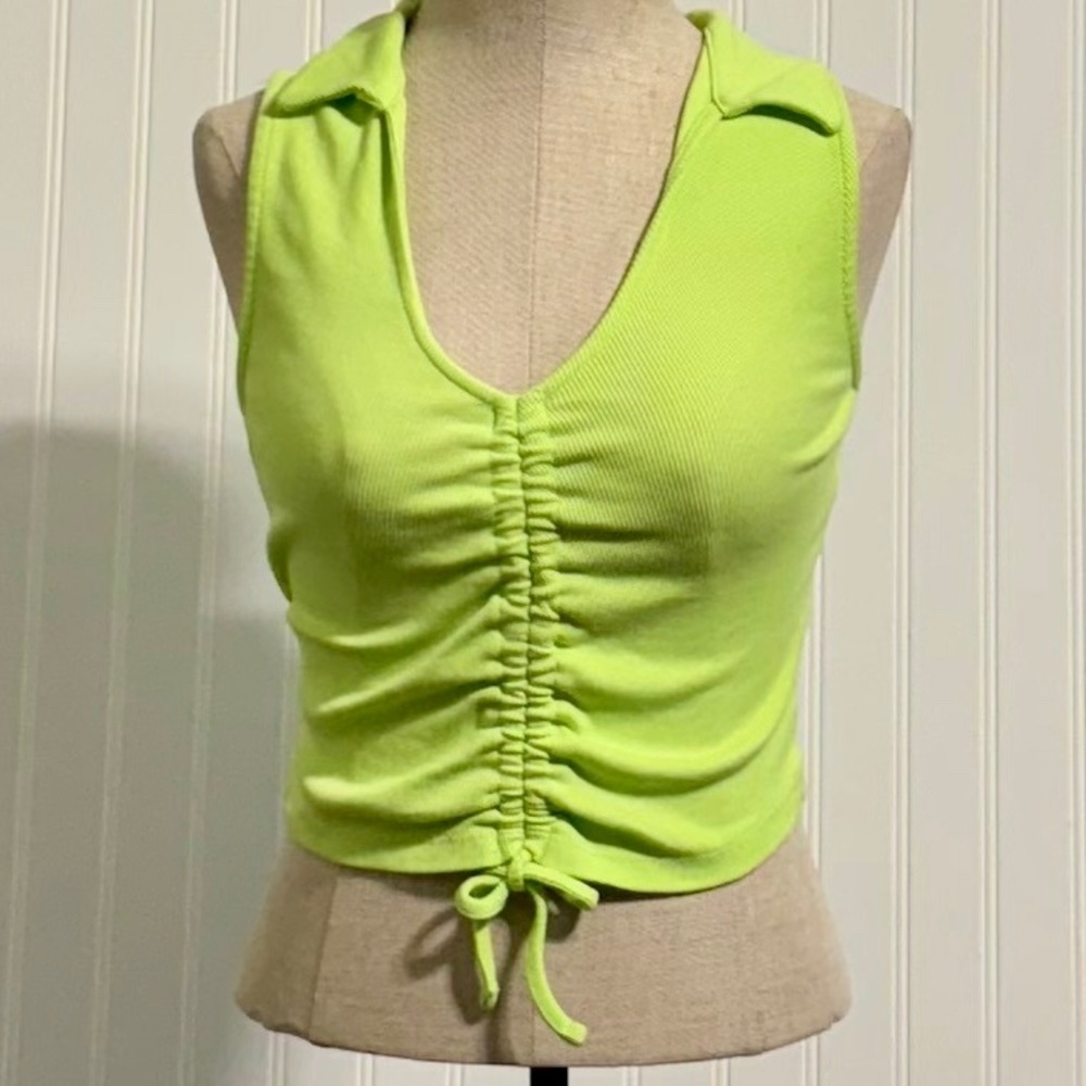 New‎ Look Neon Lime Green Ruched Crop Top Y2K Cybercore Sleeveless Polo US 10